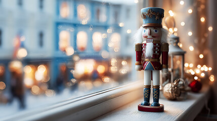 Nutcracker figurine standing by a window with a winter city view and warm glowing lights. Classic Christmas decor concept for holiday promotions, seasonal design, festive stories, and traditional wint