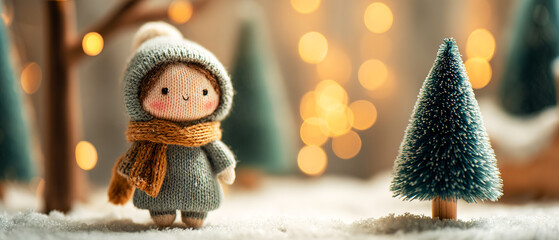 Small winter figurine of a little felt girl in a hat standing near a Christmas tree in a miniature scene with soft bokeh. Childlike Christmas concept for minimal holiday decor, storytelling, and seaso