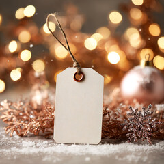 Blank paper tag placed on snow with warm string lights, golden shimmer, and glitter. Christmas and New Year mockup for branding, advertising, greetings, promotions, and customizable holiday messages.