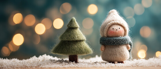 Felt winter scene with a miniature Christmas tree and a small girl figurine on snow with soft bokeh background. Calm holiday fairytale concept for seasonal decor, storytelling visuals, and winter desi