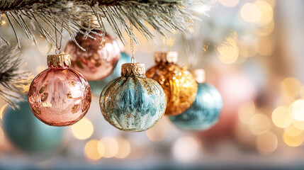 Glass Christmas ornaments displayed in soft golden bokeh light. Classic holiday decoration background for Christmas and New Year designs, seasonal branding, 