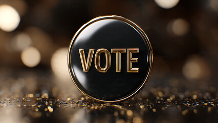 A glossy vote button photographed like a luxury product with gold accents and blurred background