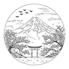 Mount Fuji Cherry Blossom Embroidery Pattern 13 Japanese Landscape Hoop. Create a peaceful Japanese-inspired embroidery featuring Mount Fuji, cherry blossoms, and a traditional torii gate