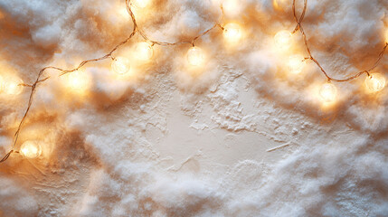 Snow texture illuminated by warm glowing string lights. Abstract winter background with copy space, for seasonal designs, Christmas promotions, holiday branding