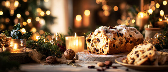 Festive Christmas table with baked goods, traditional stollen, candles, and warm lights. Holiday dinner lifestyle concept highlighting traditions, celebration, cozy atmosphere,seasonal family dining.