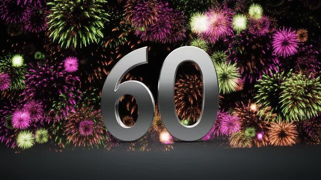 Silver number 60 with fireworks in the background. Festive scene for birthday or anniversary party