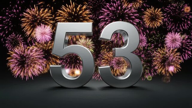 Silver number 53 with fireworks in the background. Festive scene for birthday or anniversary party