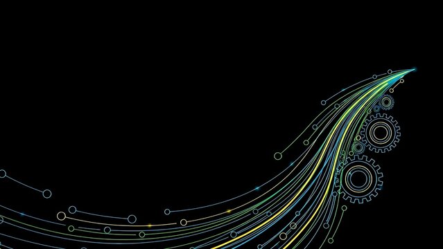 Abstract technology background with flowing green lines and mechanical gears on black surface for digital design projects and futuristic presentations. - Powered by Adobe