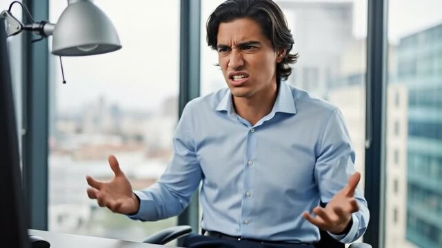 Frustrated Young Male Professional in Office Setting Expressing Anger at Computer Screen