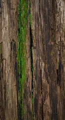 Fototapeta premium Weathered natural wood surface background, showing detailed texture of decay, dampness, and vibrant green biological growth and mold, biological, wood, environment