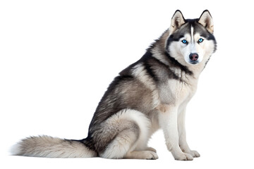 Obraz premium Siberian husky dog with blue eyes sitting and looking at the camera. Realistic portrait of a husky isolated on transparent background. Ideal for winter themes, pet brands, and animal advertising.