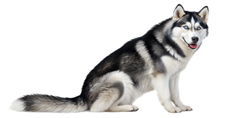 Siberian husky dog with blue eyes sitting and looking at the camera. Realistic portrait of a husky isolated on transparent background. Ideal for winter themes, pet brands, and animal advertising.