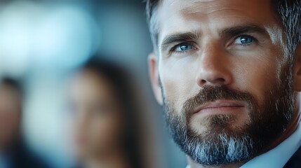 Confident mature businessman with beard looking forward in modern office environment for corporate leadership and professional success concepts.