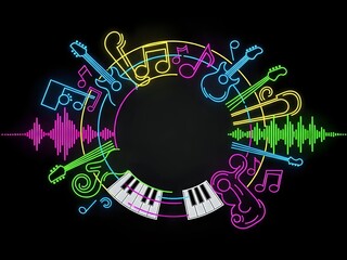 Colorful neon music notes and piano keys forming circular frame with sound wave visualization on black background for audio production and entertainment.