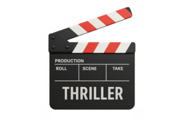 Clapperboard for thriller film production, marking scene and take with cinematic red and white stripes
