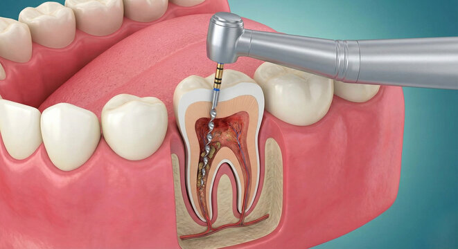 Detailed 3D medical illustration of dental root canal treatment showing endodontic procedure with drill and tooth anatomy for dentistry education and healthcare marketing