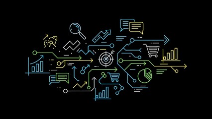 Business analytics and data visualization icons connected by circuit lines on dark background for digital marketing and financial technology solutions.