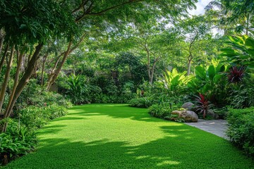 Obraz premium A lush garden with vibrant green grass, towering trees, and exotic plants, creating a serene and tranquil atmosphere.