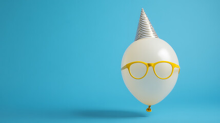 A quirky celebration with a whimsical balloon donning yellow glasses and a festive party hat against a bright cyan backdrop. A modern, fun twist on traditional party decor.