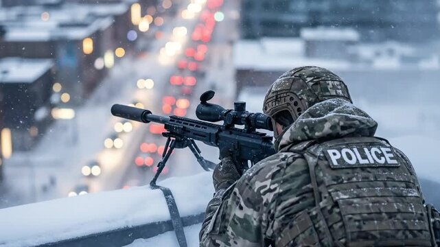 Snowy Cityscape Under Surveillance by Armed Police Officer in Tactical Gear