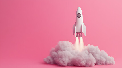 Fototapeta premium Rocket launching on a pink background symbolizing project start-up, and new venture success. Space exploration concept, innovation, and technological advancement.