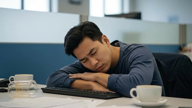 Young Asian Male Office Worker Sleeping at Desk in Modern Workplace Environment