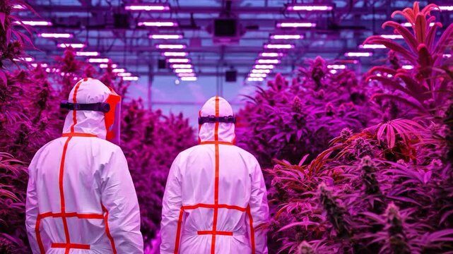 Workers in Protective Gear Tending Cannabis Plants in a High-Tech Greenhouse Setting