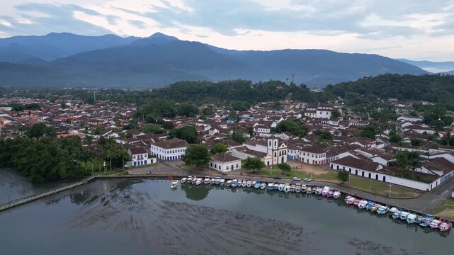 Paraty, Brazil: Aerial drone footage of Paraty, an old town in state of Rio de Janeiro, Brazil. WIth forward motion showing the waterfront Igreja de Nossa Senhora do Ros&aacute;rio e S&atilde;o Benedito situated in