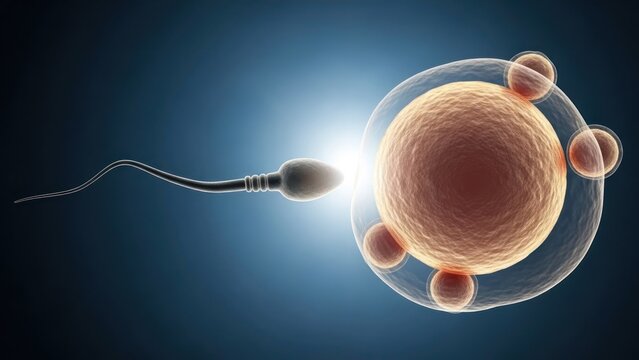 Sperm fertilizing egg cell, a life cycle start on a blue background