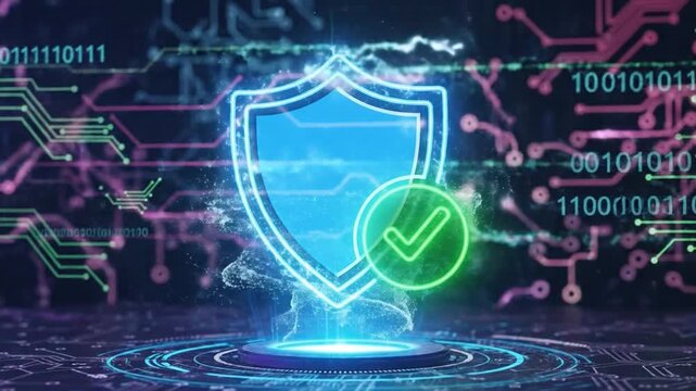 Cybersecurity verification icon glowing neon blue digital technology