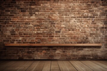 Empty wooden shelf on a brick wall background with wooden floor, ideal for product placement