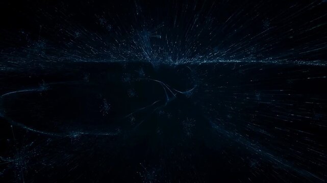 Dynamic digital particle burst transforming into celestial patterns