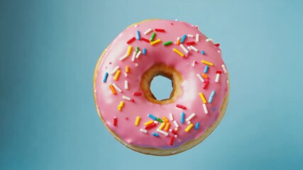 A scrumptious pink glazed donut adorned with rainbow sprinkles, placed on a light blue background. Perfect for food and advertising bakery items.