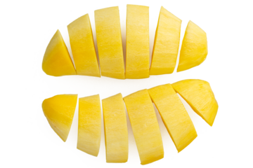 Photo of fresh pieces sweet mango taken with a high-resolution camera using the focus-stacking technique on a white background.