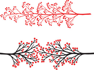 Fototapeta premium A comparison of two branches with small red berries one in color and one in black