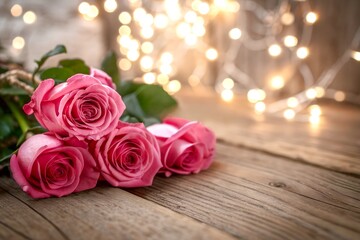 bouquet of pink roses on wooden table