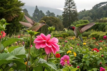 Naklejka premium Hummingbirds Feed on Flowers in a Garden During Morning Hours