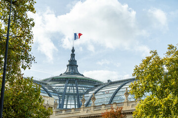 Flag of France in Paris on the glass dome and spire of the Grand Palais French architecture roof building © Real_life