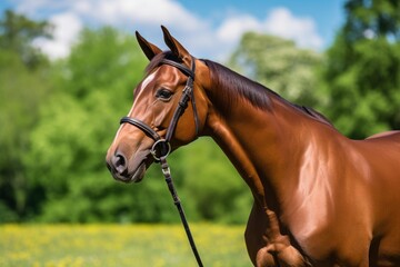 Obraz premium Beautiful chestnut horse wearing a bridle standing in a green field with yellow flowers on a sunny day