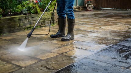 Refreshing stone patio cleaning reveals a tidy backyard bathed in gentle daylight and sparkling water droplets