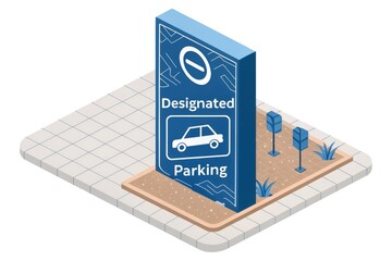 Designated Parking Area Sign With Illustration of a Car and Landscape Design