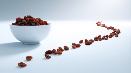 Raisins forming a trail leading to a bowl, clean white background, modern advertising style