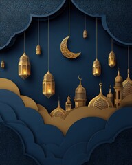 Celestial Celebration: Illuminated lanterns and a crescent moon cast a warm glow over mosque silhouettes, crafting an atmosphere of serenity and faith, creating a stunning visual narrative.