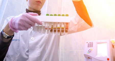 Medical professional analyzing blood samples in a laboratory during daylight hours