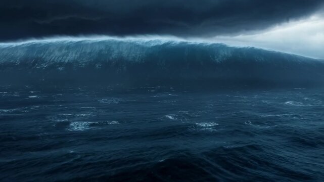 Massive storm waves surging in dark ocean under thunderous sky