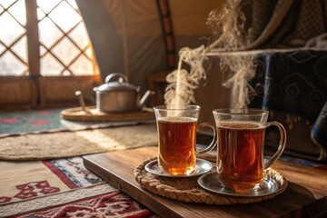 Warm Tea Served in Glasses on a Wooden Tray Inside a Cozy Tent