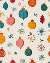 Festive Baubles and Flurries: A vibrant array of ornaments and snowflakes, celebrating the holiday spirit. Capturing the season's magic with cheerful colors and intricate designs.