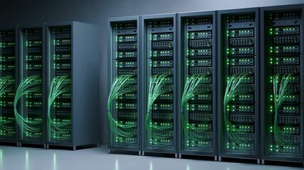 Hightech server room with green led lights in a seamless loop of data transfer - Powered by Adobe
