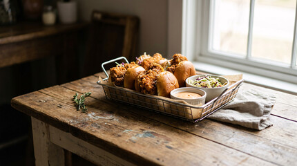 Fried chicken sliders, creamy coleslaw, and sauce on a wooden table