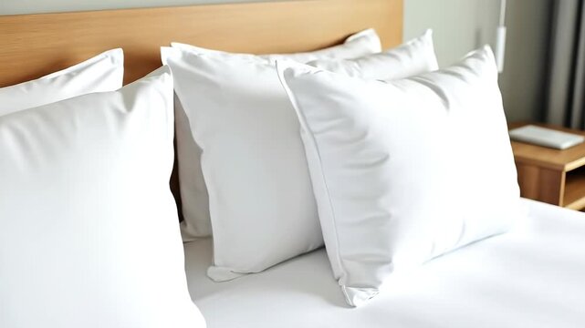 Stacked video frames displaying an empty cozy hotel bed with clean white pillows and sheet, presenting comfort and hygiene.